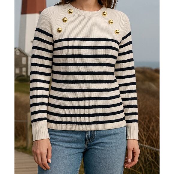 Talbots Cream Navy Nautical Crewneck Breton Stripe Sweater Sz S 100% Pima Cotton - Picture 3 of 15